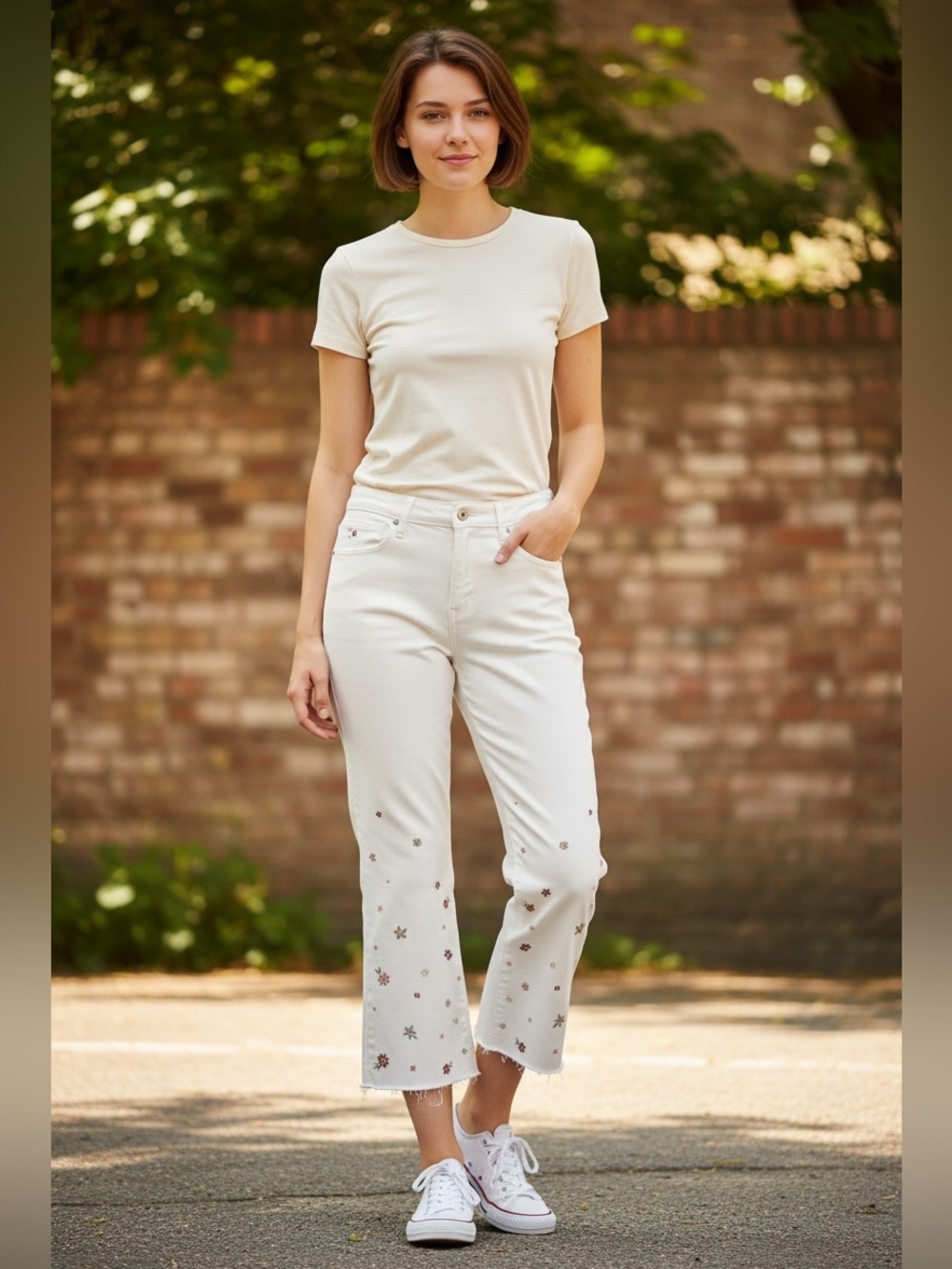 DRIFTWOOD Cream Flare Jeans with Multicolor Floral Embroidery
